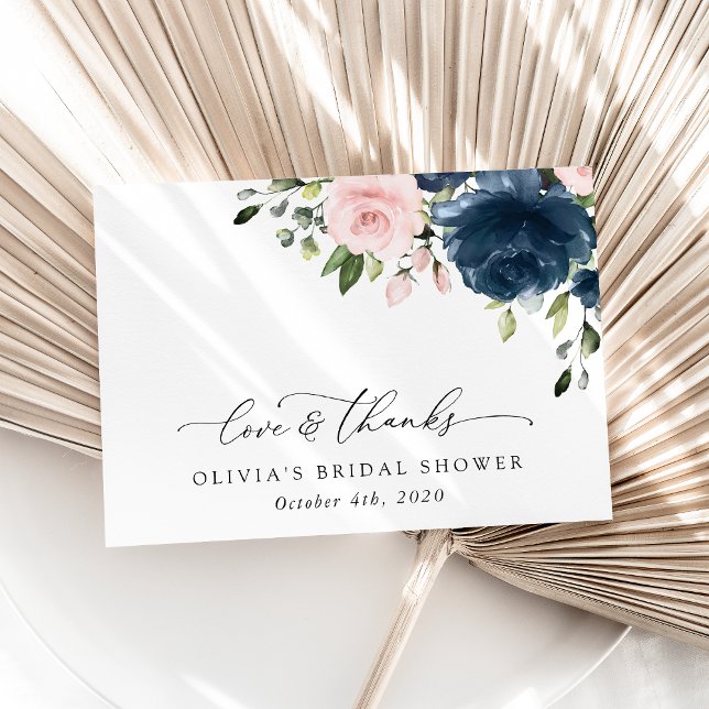 Tarjeta De Agradecimiento Flores azules de la marina, flores rosas, ducha de (Subido por el creador)