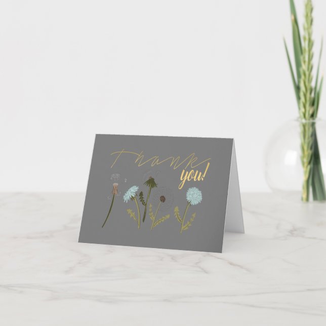 Tarjeta De Agradecimiento Flores azules grises de Dandelion elegantes (Anverso)