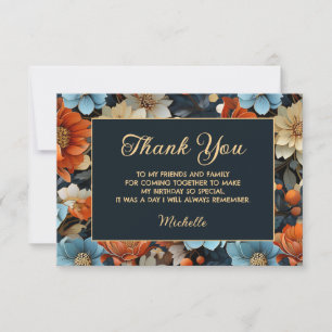 Tarjeta De Agradecimiento Flores Azules Naranjas Cumpleaños Negro Gracias