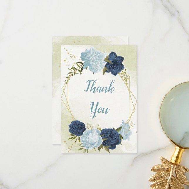 Tarjeta De Agradecimiento flores azules polvorientas verde hojas boda (Anverso/Reverso In Situ)