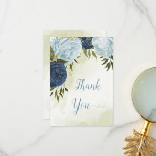Tarjeta De Agradecimiento flores azules polvorientas verde hojas boda