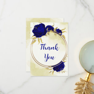 Tarjeta De Agradecimiento Flores azules reales hojas de oro