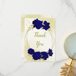 Tarjeta De Agradecimiento Flores azules reales hojas de oro