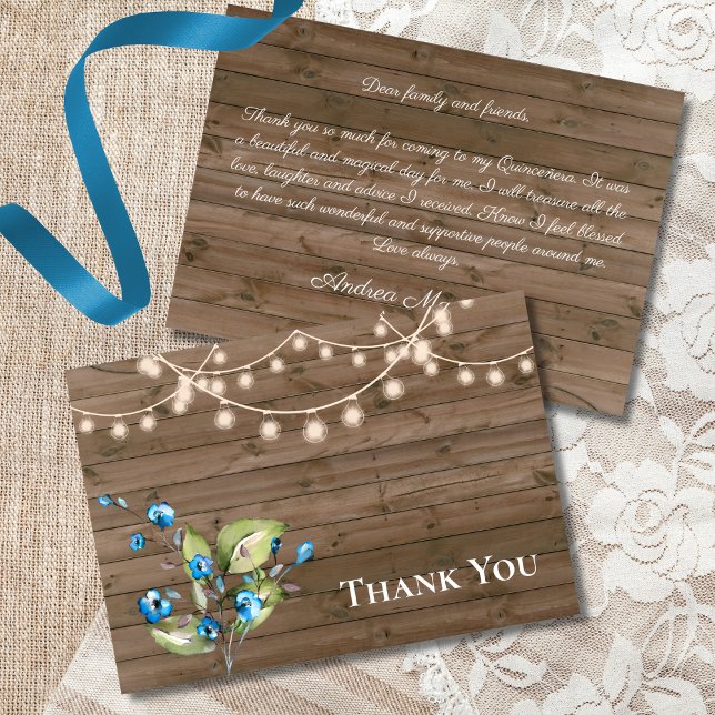 Tarjeta De Agradecimiento Flores azules rusticas hilo de luces Quinceañera (Subido por el creador)