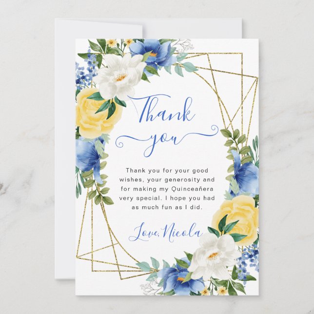 Tarjeta De Agradecimiento Flores Azules y Amarillas en Marco Dorado Quinceañ (Anverso)
