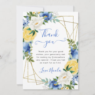 Tarjeta De Agradecimiento Flores azules y amarillas marco dorado Quinceanera