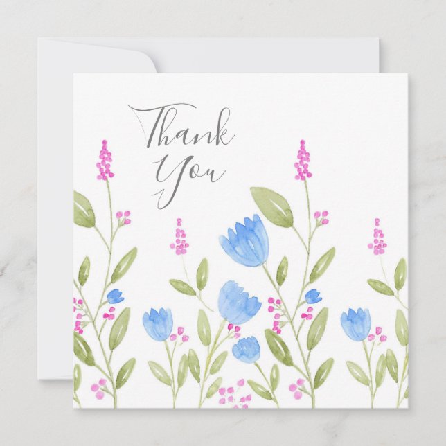 Tarjeta De Agradecimiento Flores azules y bayas rosas (Anverso)