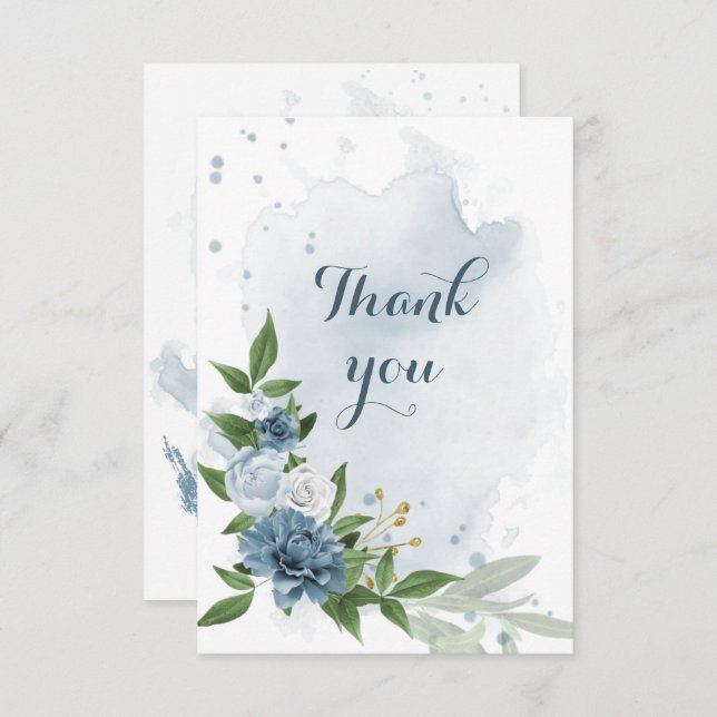 Tarjeta De Agradecimiento flores azules y blancas con follaje (Anverso / Reverso)
