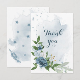 Tarjeta De Agradecimiento flores azules y blancas con follaje