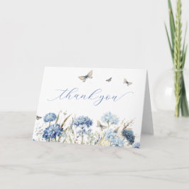 Tarjeta De Agradecimiento Flores azules y caligrafía de mariposas gracias