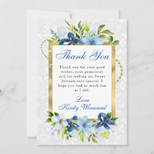 Tarjeta De Agradecimiento Flores Azules y Navales de Verano Gold Sweet 16