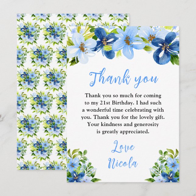 Tarjeta De Agradecimiento Flores Azules y Navy con Cumpleaños de Follaje (Anverso / Reverso)