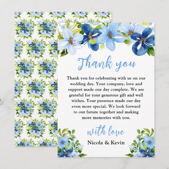 Tarjeta De Agradecimiento Flores azules y navy con follaje  (Anverso / Reverso)