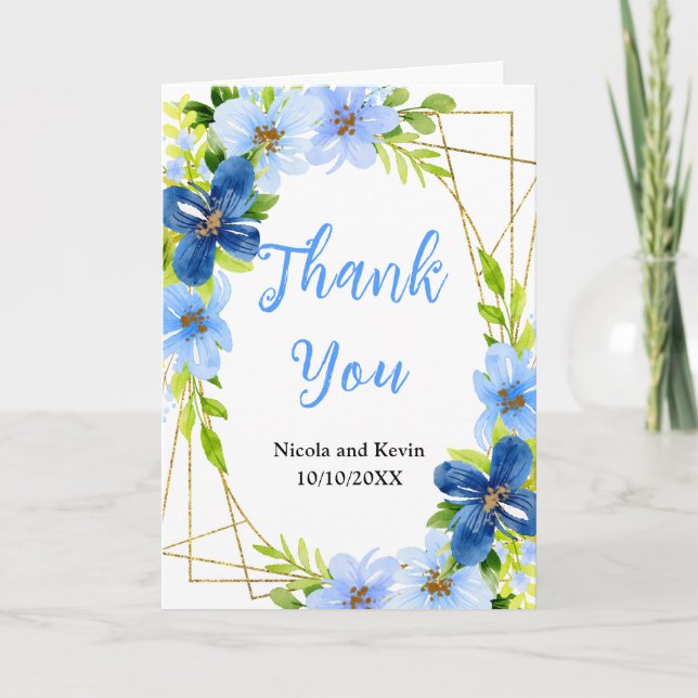 Tarjeta De Agradecimiento Flores azules y navy con follaje  (Anverso)