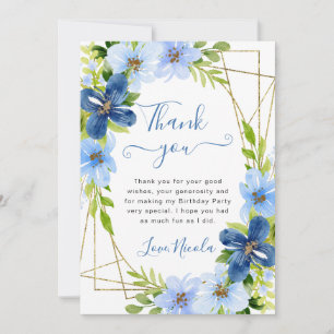 Tarjeta De Agradecimiento Flores Azules y Navy Marco Dorado Cumpleaños