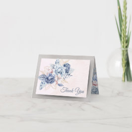 Tarjeta De Agradecimiento Flores azules y rosas en Boda rosa y gris