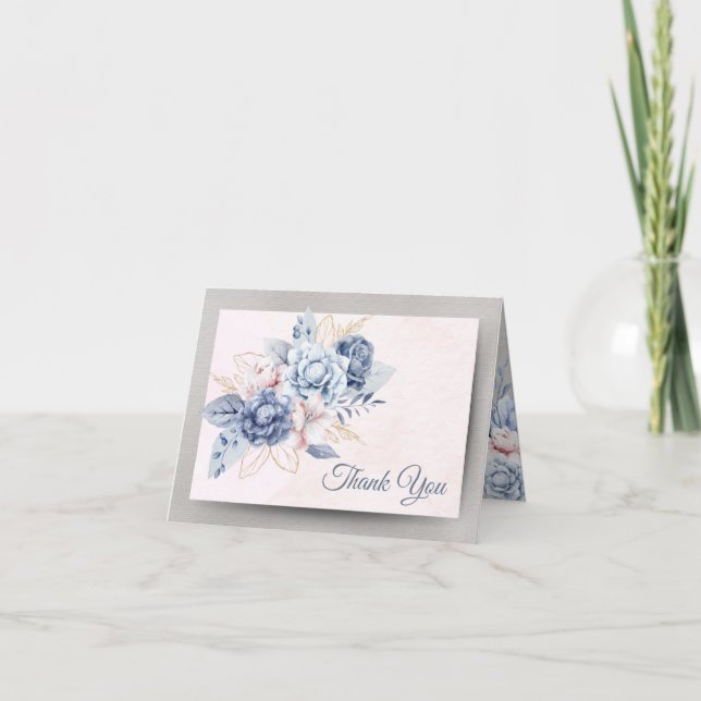 Tarjeta De Agradecimiento Flores azules y rosas en Boda rosa y gris (Anverso)
