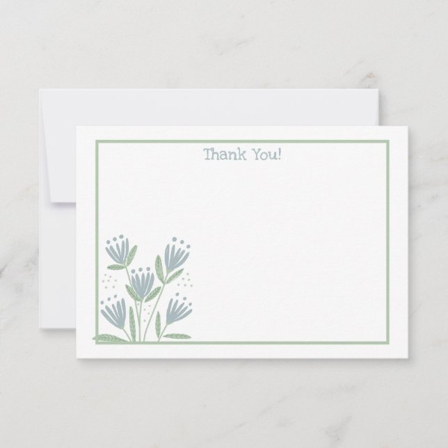 Tarjeta De Agradecimiento Flores Azules y Verdes Sencillas (Anverso)
