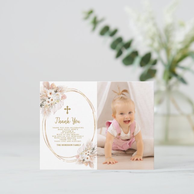 Tarjeta De Agradecimiento Flores blancas Chica de fotografía de oro Bautismo (Anverso de pie)