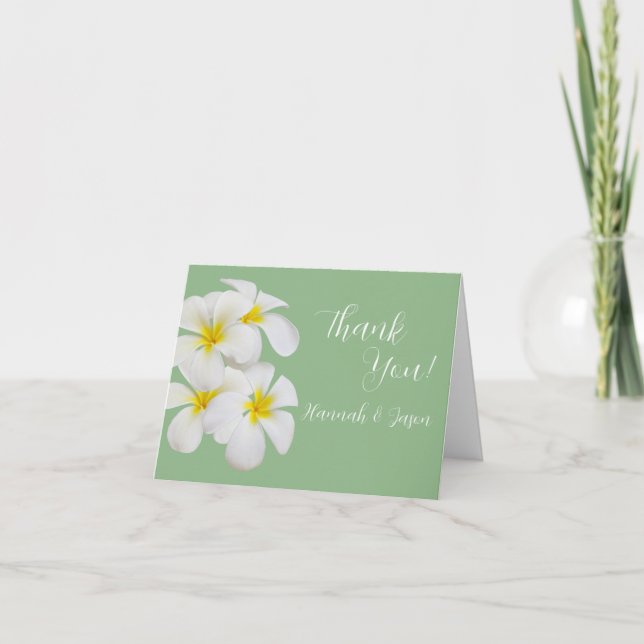 Tarjeta De Agradecimiento Flores blancas de Frangipani, en sabio, Boda (Anverso)