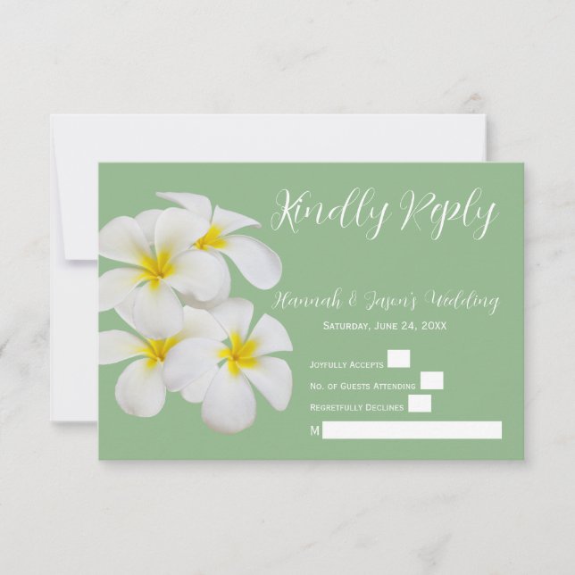 Tarjeta De Agradecimiento Flores blancas de Frangipani, en sabio, boda RSVP (Anverso)