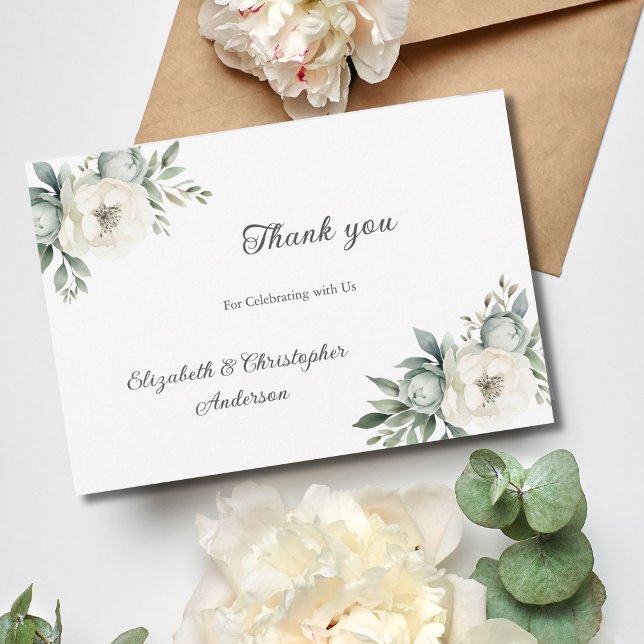 Tarjeta De Agradecimiento Flores blancas de vegetación botánica Boda (White Floral Flowers Greenery Botanical Watercolor Wedding Thank you card)