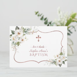 Tarjeta De Agradecimiento Flores blancas elegantes Subió bautismo de marco d