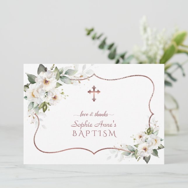 Tarjeta De Agradecimiento Flores blancas elegantes Subió bautismo de marco d (Anverso de pie)