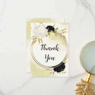 Tarjeta De Agradecimiento flores blancas negras hojas de oro boda