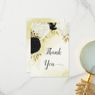 Tarjeta De Agradecimiento flores blancas negras hojas de oro boda