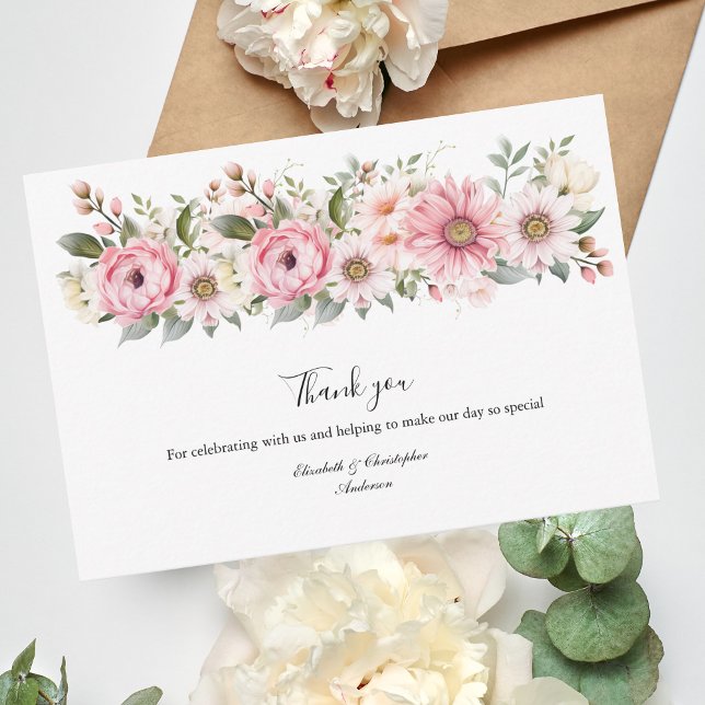 Tarjeta De Agradecimiento Flores blancas rosas verde Eucalipto Boda (Pink White watercolor Floral Flower border wedding thank you card)