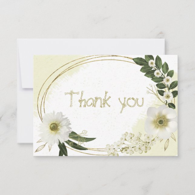 Tarjeta De Agradecimiento flores blancas y doradas hojas verdes botánicas (Anverso)