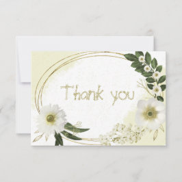 Tarjeta De Agradecimiento flores blancas y doradas hojas verdes botánicas