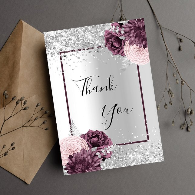 Tarjeta De Agradecimiento Flores burdeos plateadas glamorosas elegantes (Subido por el creador)