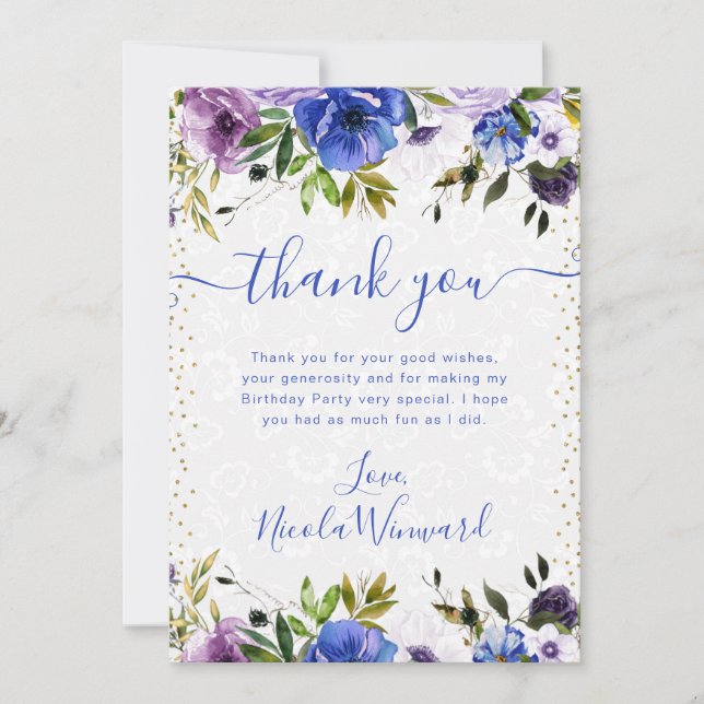 Tarjeta De Agradecimiento Flores Cumpleaños Moradas y Azules Acuarela (Anverso)