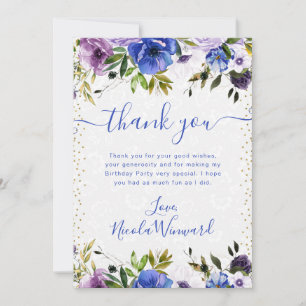 Tarjeta De Agradecimiento Flores Cumpleaños Moradas y Azules Acuarela