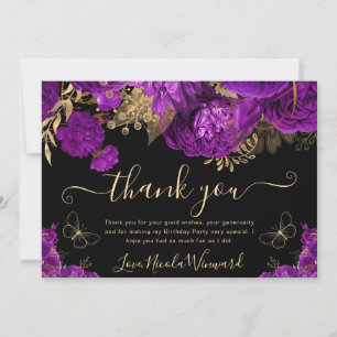 Tarjeta De Agradecimiento Flores Cumpleaños Moradas y Doradas Acuarela