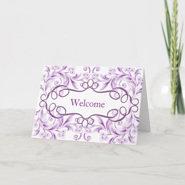 Tarjeta De Agradecimiento Flores curvadas Bienvenida fondo púrpura (Anverso)