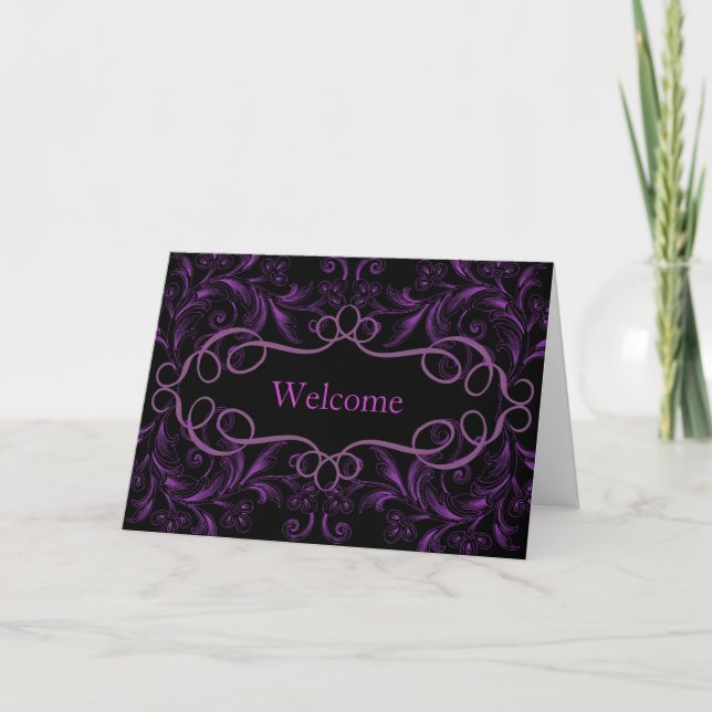 Tarjeta De Agradecimiento Flores Curvas Fondo Morado Bienvenida (Anverso)