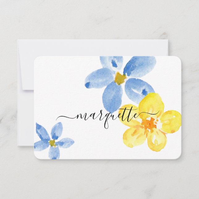 Tarjeta De Agradecimiento Flores de acuarela amarillo azul personalizadas y  (Anverso)