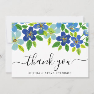 Tarjeta De Agradecimiento Flores de Acuarela Azul Elegante Boda