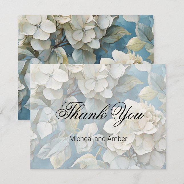 Tarjeta De Agradecimiento Flores de acuarela azul polvorientas y elegantes (Anverso / Reverso)