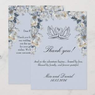 Tarjeta De Agradecimiento Flores de Acuarela Azul Polvoriento Cisne Boda