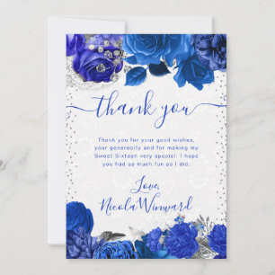 Tarjeta De Agradecimiento Flores de acuarela azul y plata Dulces 16
