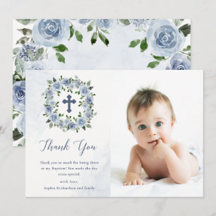 Tarjeta De Agradecimiento Flores de acuarela azul y turbia bonito   Bautismo