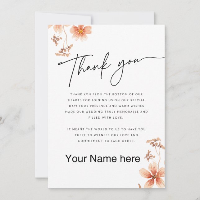 Tarjeta De Agradecimiento Flores de Acuarela Cálida Caligrafía Boda (Anverso)