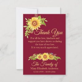 Tarjeta De Agradecimiento Flores de Acuarela de Girasoles Burgundy para Fune
