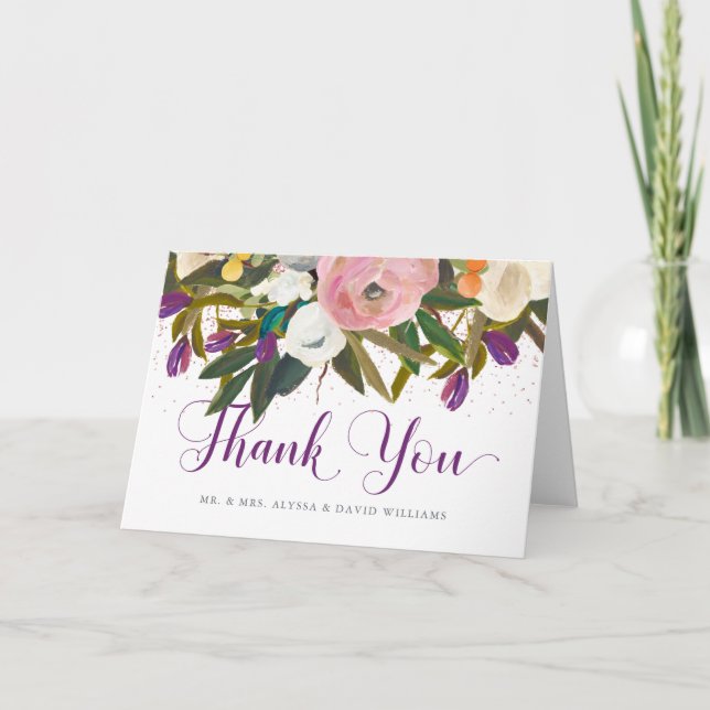 Tarjeta De Agradecimiento Flores de Acuarela | Gracias con Brillo Falso (Anverso)