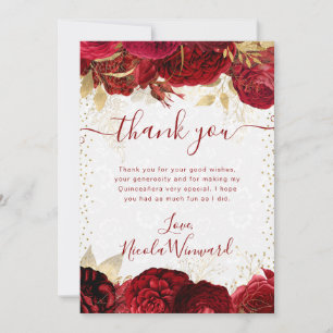 Tarjeta De Agradecimiento Flores de acuarela rojas y doradas Quinceañera