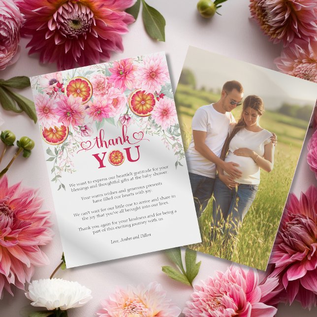 Tarjeta De Agradecimiento Flores de Acuarela Rosa de Cítricos para Baby Show (Citrus with pink watercolor flowers baby shower thank you card, girl baby shower)